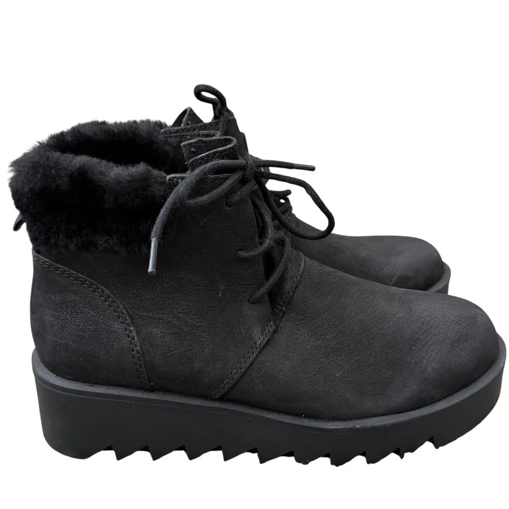 Eileen Fisher Black Nubuck Sheared Lamb Fur Trim Sawtooth Platform Boots 5.5 NEW